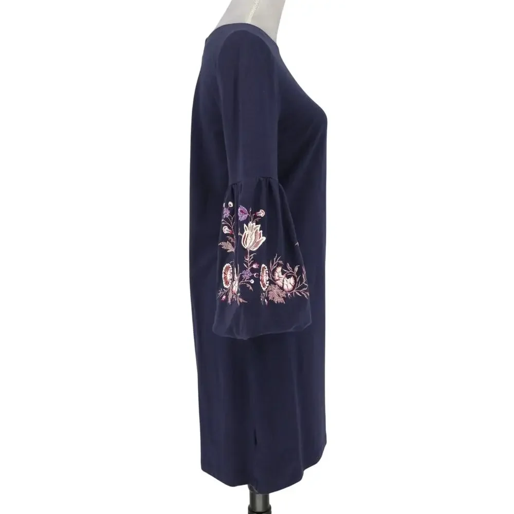 Loft Dress Womens Small Navy Blue Embroidered Bell Slv Stretch Cotton Knit New
